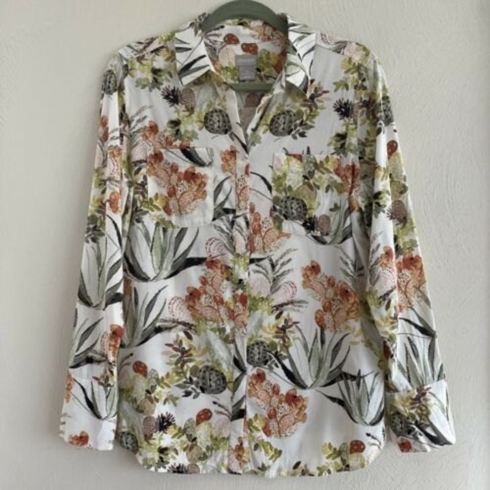 Chico's Soft Cactus Succulent Print Long Sleeve Button Down Shirt Sz 0 (US 4-6)